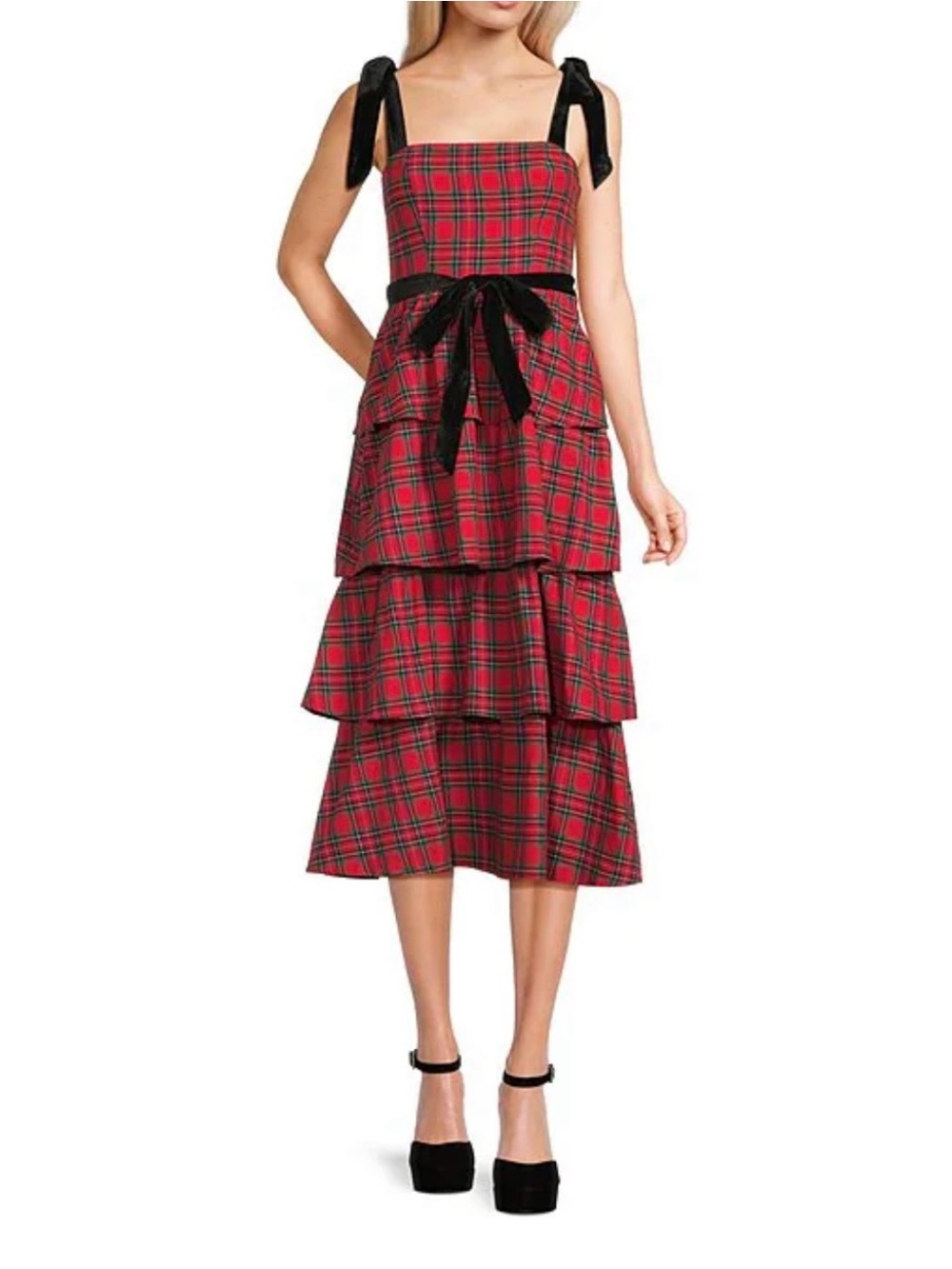 Plaid Velvet Tie Shoulder & Sash Tiered Midi Dress, Juniors Medium